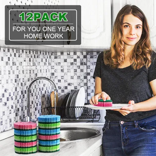 Vista 13 de Paquete de 12 esponjas para fregar, esponjas a granel, esponjas de limpieza multifuncionales de doble cara, esponja para lavar platos