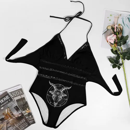 Vista 5 de Pentagrama con Demon Baphomet Satanic Goat Printed - Traje de baño de una pieza con cuello en V para mujer