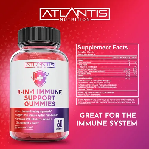 Vista 7 de Atlantis Nutrition Gomitas de apoyo inmunológico 8 en 1 con saúco Suplemento inmunológico con saúco, quercetina, zinc, vitamina C - Potenciadores