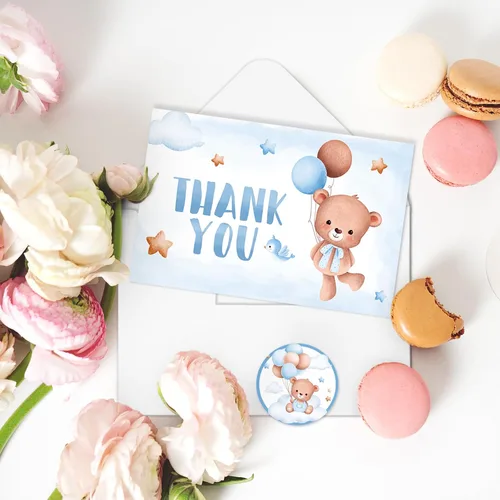 Vista 6 de AnyDesign Tarjetas de agradecimiento de oso para baby shower, paquete de 30 tarjetas de felicitación con globos de oso azul de dibujos animados