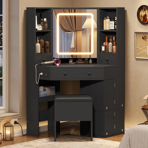 Vista 2 de BTHFST Escritorio esquinero con espejo iluminado, tocador de maquillaje con luces y estación de carga, juego de tocador con espejo y taburete