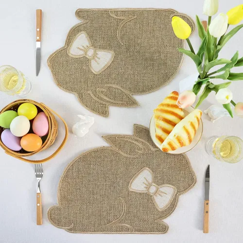 Vista 3 de Feuille Juego de 4 manteles individuales de Pascua, diseño de conejito en color natural con pajarita para Pascua, manteles individuales de primavera