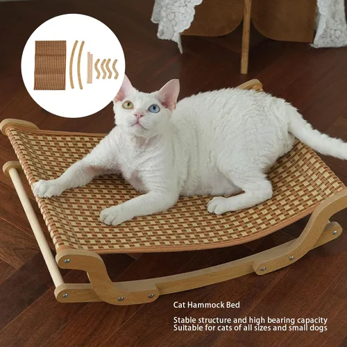 Vista 9 de Hamaca elevada para gatos, catre elevado transpirable para mascotas con cojín extraíble lavable, marco de madera y alfombrilla de ratán