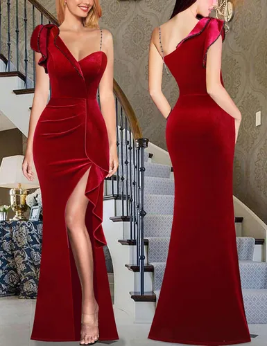 Vista 2 de VFSHOW Vestido largo de fiesta formal con volantes y tirantes para el hombro, para mujer, vestido largo sexy con cuello en V dividido para cóctel
