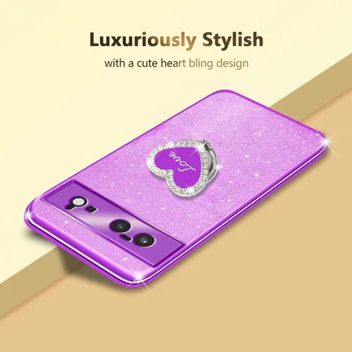 Vista 5 de Funda protectora transparente de 3 capas con anillo bonito soporte, para mujeres y niñas, para Pixel 6 2021 (lavanda)