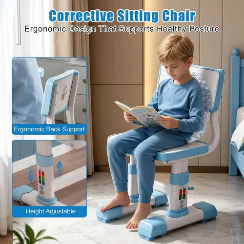 Vista 5 de HEVIRGO Kids Desk and Chair Set – Height Adjustable Blue Study Table Blue-b