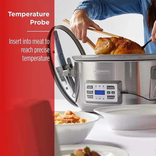 Vista 6 de Black + Decker Olla de cocción lenta digital de 6.6 L, SCD7007SSD, sonda de temperatura, Sous-Vide, tapa con bloqueo, olla de cerámica extraíble
