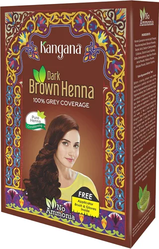 Vista 7 de Kangana - Tinte para el cabello castaño oscuro con henna y hierbas, sin amoníaco, 6 bolsas Marrón oscuro de larga duración de henna e ingredientes