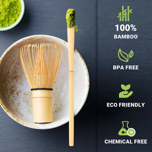 Vista 2 de SHONMISEN Juego de Batidor de Bambú Matcha - Batidor de Matcha (Chasen), Soporte para Batidor (Blanco), Colador, Cuchara para Té y Cuchara de Té