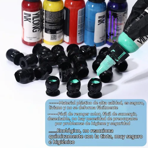 Vista 4 de Tapas de tinta de tatuaje, vasos desechables de tinta de tatuaje de calavera, 200 unidades, tapas de tinta de plástico para tatuajes, maquillaje