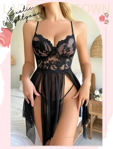 Vista 5 de ADSEXY Sexy Babydoll Lingerie for Women Lace Mesh Chemise Side Slit Nightgown V Neck Sleepwear Plus