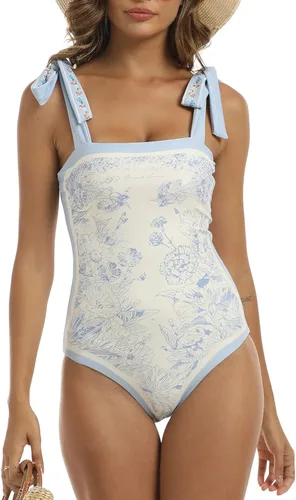 Vista 3 de Aidonger Trajes de baño reversibles de una pieza para mujer, diseño floral, con lazo en el hombro, control de abdomen, adelgazante, cuello cuadrado