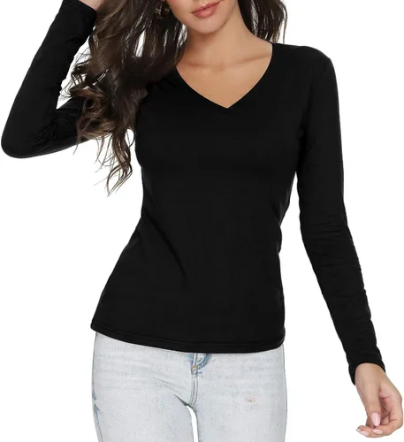 Vista 3 de LINDLOOK Camiseta de manga larga ajustada con cuello en V y cuello redondo para mujer, camiseta básica de algodón suave