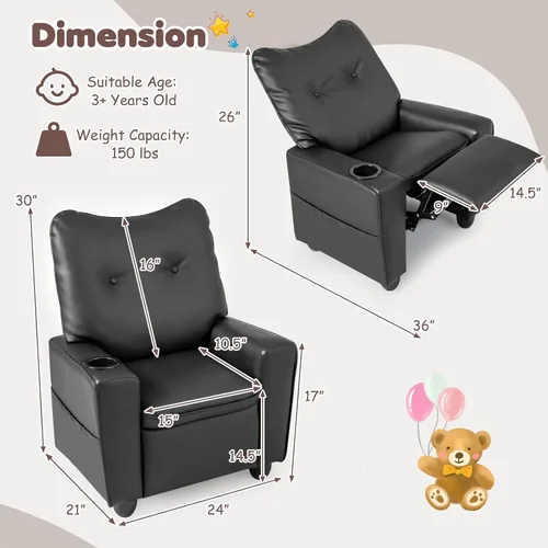 Vista 2 de Costzon Silla reclinable para niños con soporte para tazas, 2 bolsillos de Negro