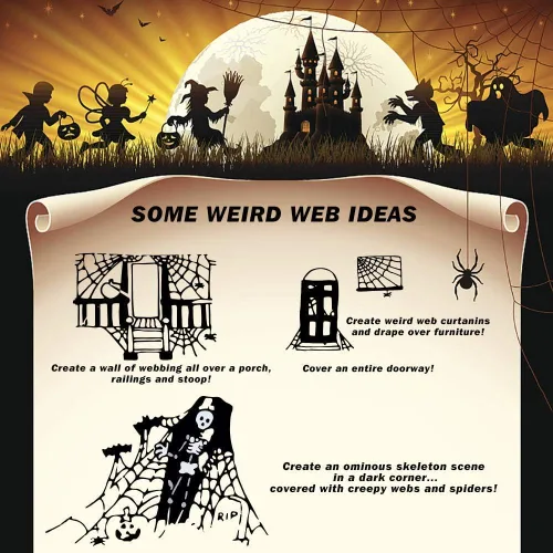 Vista 7 de 1000 pies cuadrados de telarañas de Halloween, decoración con 30 arañas falsas, telarañas superelásticas para suministros de fiesta de Halloween