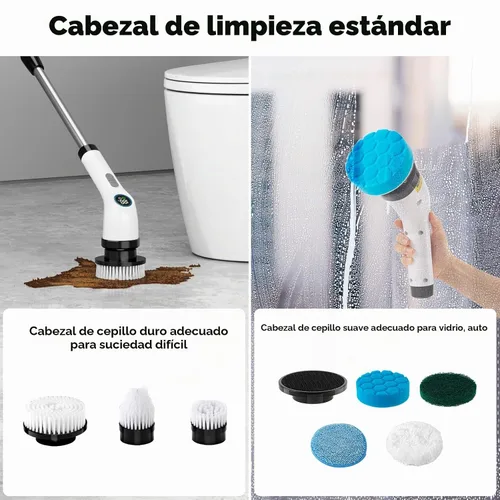 Vista 8 de Limpiador eléctrico giratorio con 8 cabezales de cepillo - HIMAAT IPX7 impermeable, mango de extensión ajustable y pantalla LCD - Potente cepillo