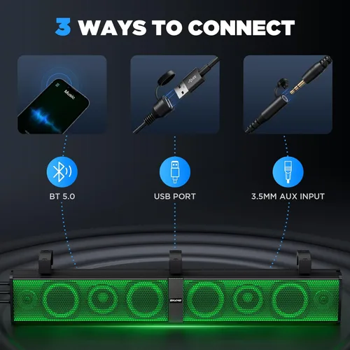 Vista 6 de Ehaho Barra de sonido UTV de 34 pulgadas con subwoofer, barra de sonido SXS de 8 altavoces con Bluetooth e iluminación RGB, altavoces impermeables