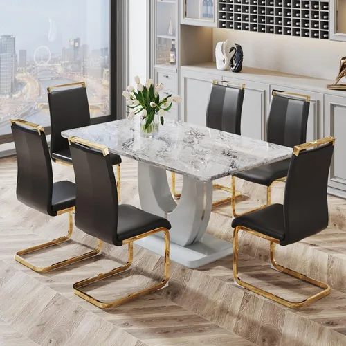 Vista 40 de JUFU Juego de mesa de comedor moderno para 4, juego de mesa de cocina rectangular de 63 pulgadas con mesa de mármol sintético y 4 sillas tapizadas