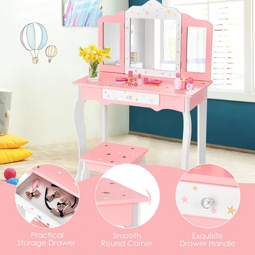 Vista 4 de HONEY JOY Juego de tocador para niños, mesa de maquillaje de madera estilo princesa con taburete y cajón, espejo de triple plegado, parte superior