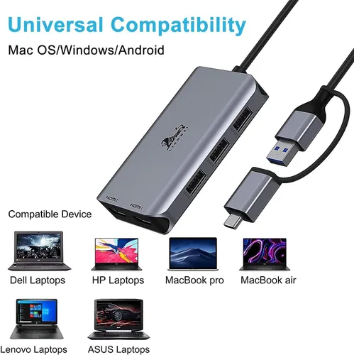 Vista 3 de LIONWEI Estación de acoplamiento USB 3.0 a Dual HDMI para Windows y macOS, Adaptador USB C Divisor de 2 Monitores para MacBook