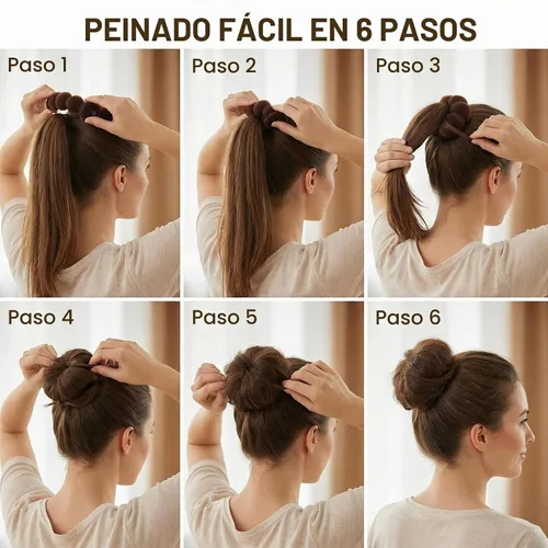 Vista 3 de Rosquilla de pelo mágica para formar rodetes, 3 piezas (1 grande y 2 pequeñas), con clip, Marrón