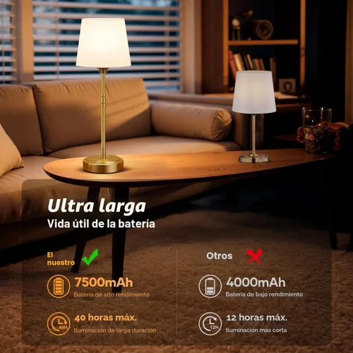 Vista 4 de Juego de 2 lámparas de mesa inalámbricas – Lámpara que funciona con batería con batería recargable de 7500mAh, regulable sin escalones, vintage, oro