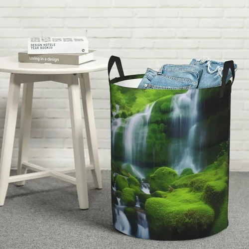 Vista 8 de Waterfall Green print Circular Hamper Waterproof Storage Bin Organizer Basket Laundry Hamper With Handles For Clothes Toys Small