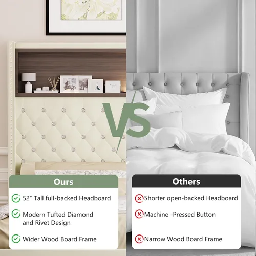 Vista 7 de VilroCaz Cama de plataforma suave de terciopelo de tamaño matrimonial de 52 pulgadas de alto y decoración de remaches, cama con plataforma