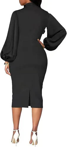 Vista 2 de BestGirl Vestidos ajustados de manga obispo para mujer, vestidos de trabajo casuales con estampado floral