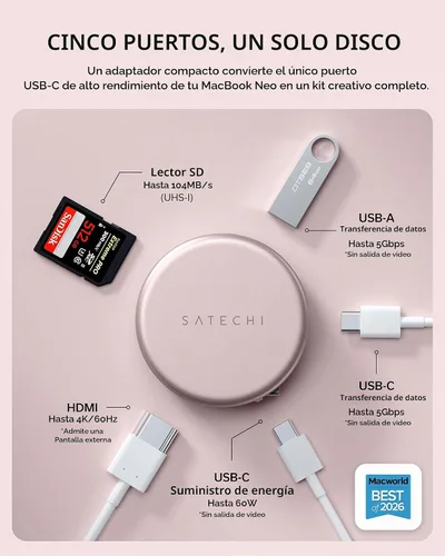 Vista 2 de Satechi OntheGo Hub USB-C 5 en 1, HDMI 4K/60Hz, lector de tarjetas SD Rubor