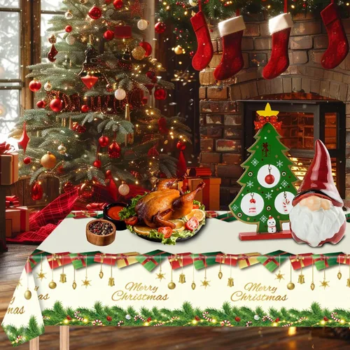 Vista 3 de Mantel navideño desechable de plástico, 3 piezas de 54 x 108 pulgadas, mantel rectangular de vinilo blanco de Navidad con la frase "Merry