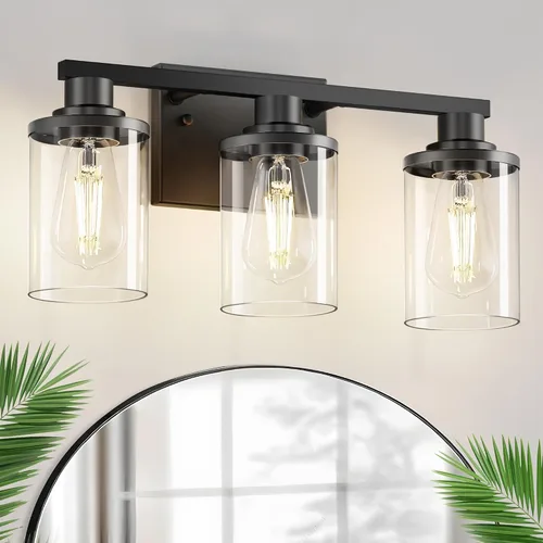 Vista 18 de L LOHAS LED Lámparas de baño negras de 2 luces, accesorios de iluminación modernos sobre espejo con pantalla de vidrio transparente, luces