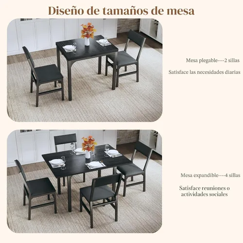 Vista 3 de HUAHUU Juego de mesa de comedor para 4, juego de mesa de cocina extensible con cojines y sillas, conjunto de 4, mesa de comedor rectangular