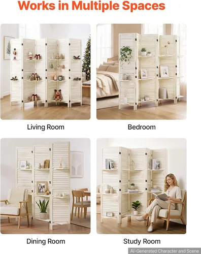 Vista 6 de VEVOR Separador de habitación de madera, 6 paneles, pantalla de privacidad Blanco