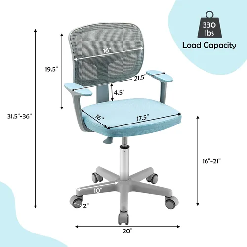Vista 3 de GLACER Silla de escritorio para niños, silla de estudio giratoria de malla ajustable con ruedas, brazos, silla ergonómica para computadora con Azul