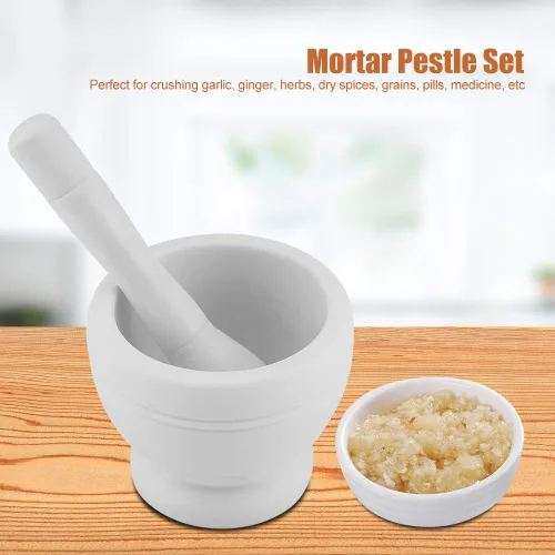 Vista 2 de PP Material Molienda Tazón, Mortero y Maja Set, Molinillo de ajo de plástico manual para el hogar, uso en la cocina (blanco)