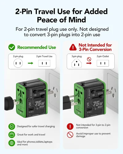 Vista 6 de MFish Adaptador de viaje universal de 75 W, adaptador de corriente internacional de 5 puertos con cable USB-C retráctil, 3 USB-C y 1 salida USB-A +