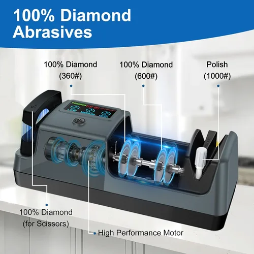 Vista 3 de Afilador de cuchillos eléctrico 5 en 1 para cuchillos de cocina, afilador de 3 etapas con 100% abrasivo de diamante, pantalla LCD, velocidad
