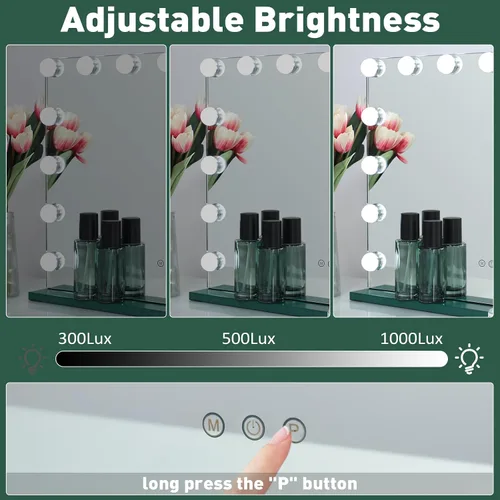 Vista 4 de HOMPEN Hollywood Vanity Mirror Makeup Mirror with Lights, Touch Screen, 3 Color Modes Frameless Tabletop Mirror with 17 Dimmable Bulbs, Green