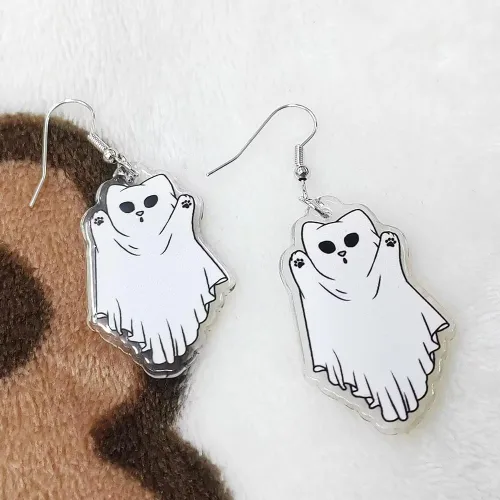 Vista 5 de Aretes colgantes espeluznantes de acrílico para Halloween, creativos, mapache, fantasma, calabaza, gatos, aretes de gota para mujeres y niñas