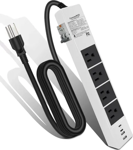 Vista 9 de GFCI - Regleta de alimentación con 4 salidas y 4 puertos USB (2 USB-C), cable de extensión resistente protegido contra sobretensiones de 6 pies Negro