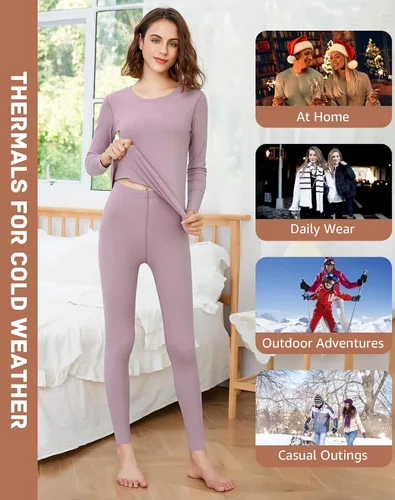 Vista 2 de INNERSY Conjunto de ropa interior térmica para mujer capa base delgada y larga para clima frío