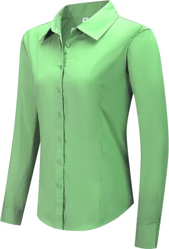 Vista 14 de Blusa de trabajo con botones para mujer, de algodón elástico, manga larga, ajuste delgado