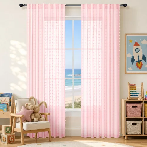 Vista 23 de Cortinas Beige Semitransparentes de 63 Pulgadas de Largo para Dormitorio, Sala de Estar, Guardería Infantil, Ventana con Diseño de Pompón