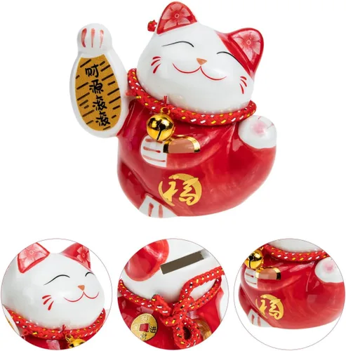 Vista 9 de Tofficu Adorable banco de monedas de cerámica roja de gato de la suerte, decoración de Feng Shui, bonita decoración de habitación, gato chino