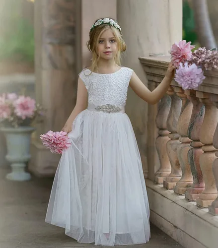 Vista 2 de MCieloLuna Vestidos de tul de longitud completa con encaje en la espalda para niña con lazo para fiesta, cumpleaños, primera comunión MC27