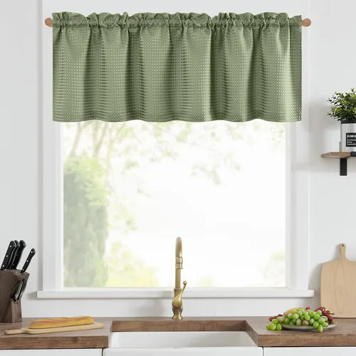 Vista 2 de Cenefa con textura de tejido waffle para cocina, cortinas de ventana impermeables (60 x 18 pulgadas, Sage, un panel)