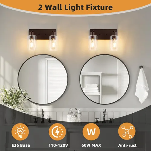 Vista 5 de 2 Luces de Iluminación para Baño, Accesorios de Iluminación de Tocador en Bronce Cepillado con Soporte de Vidrio Transparente de 33cm, Lámparas