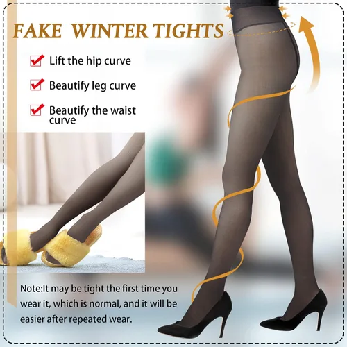 Vista 4 de Geyoga 2 pares de medias con forro polar para mujer, leggings falsos translúcidos para invierno, cálidos, gruesos, pantalones térmicos, medias