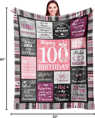 Vista 8 de Ivivis Regalos de 100º Cumpleaños para Mujeres Manta 60"x50", Suministros de Decoraciones para Fiesta de 100º Cumpleaños, Regalos de Feliz 100º